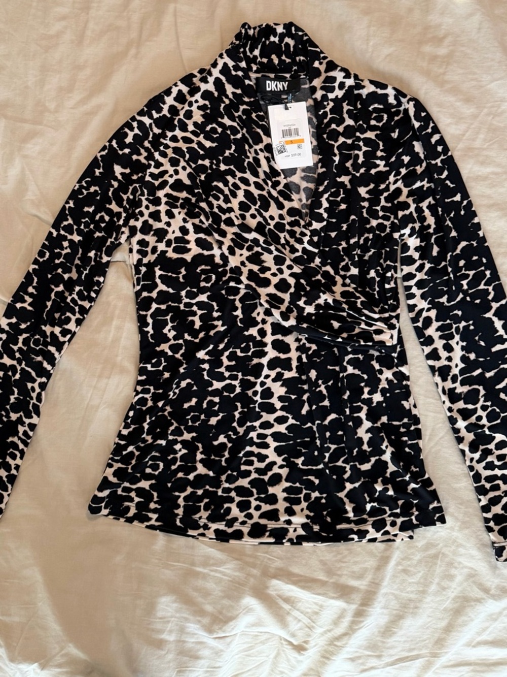 NWT DKNY Black and Cream Animal Print Wrap-Front Blouse - Picture 7 of 7
